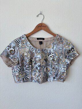 White House Black Market Top Womens Small Silver Metallic Sequin Linen Crop S